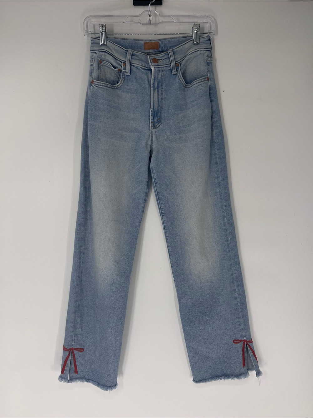 Mother The Rambler Zip Slice Hover Fray Light Wash Bow Jeans in Complete 360 25